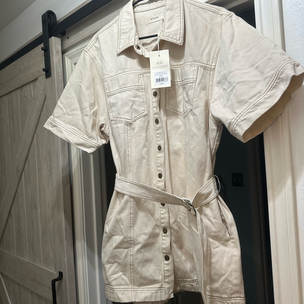 Kivari Beige Denim Button-Up Short Sleeve Dress